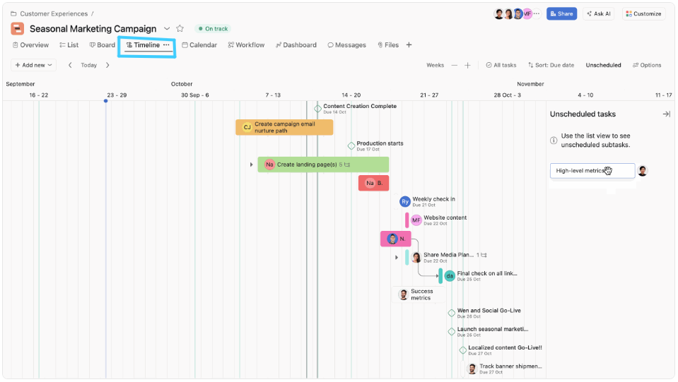 smartsheet vs asana : asana timeline view