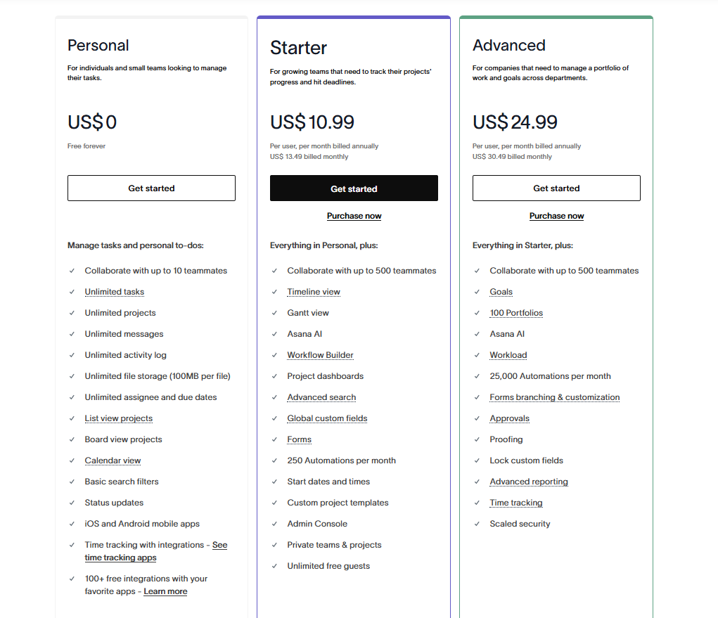 smartsheet vs asana : asana pricing