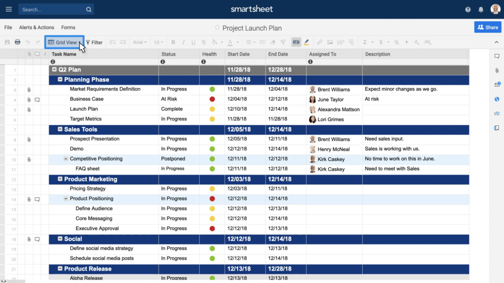 smartsheet vs asana : smartsheet grid view